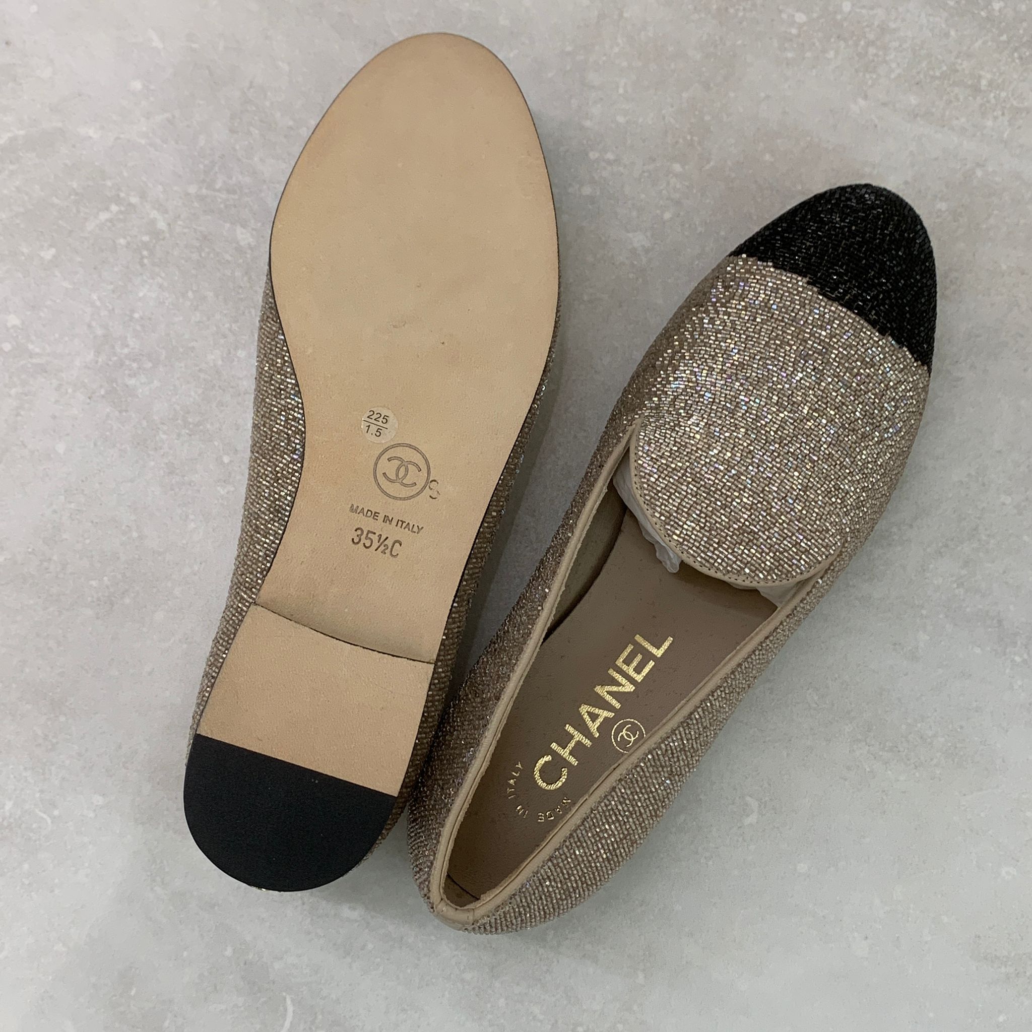 chanel 香檳金拼色串珠款樂福鞋