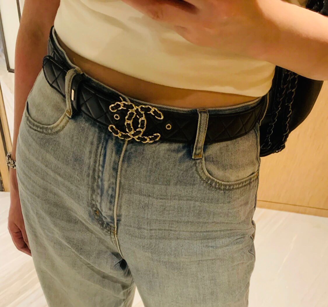 chanel 菱格紋雙c穿鍊皮帶