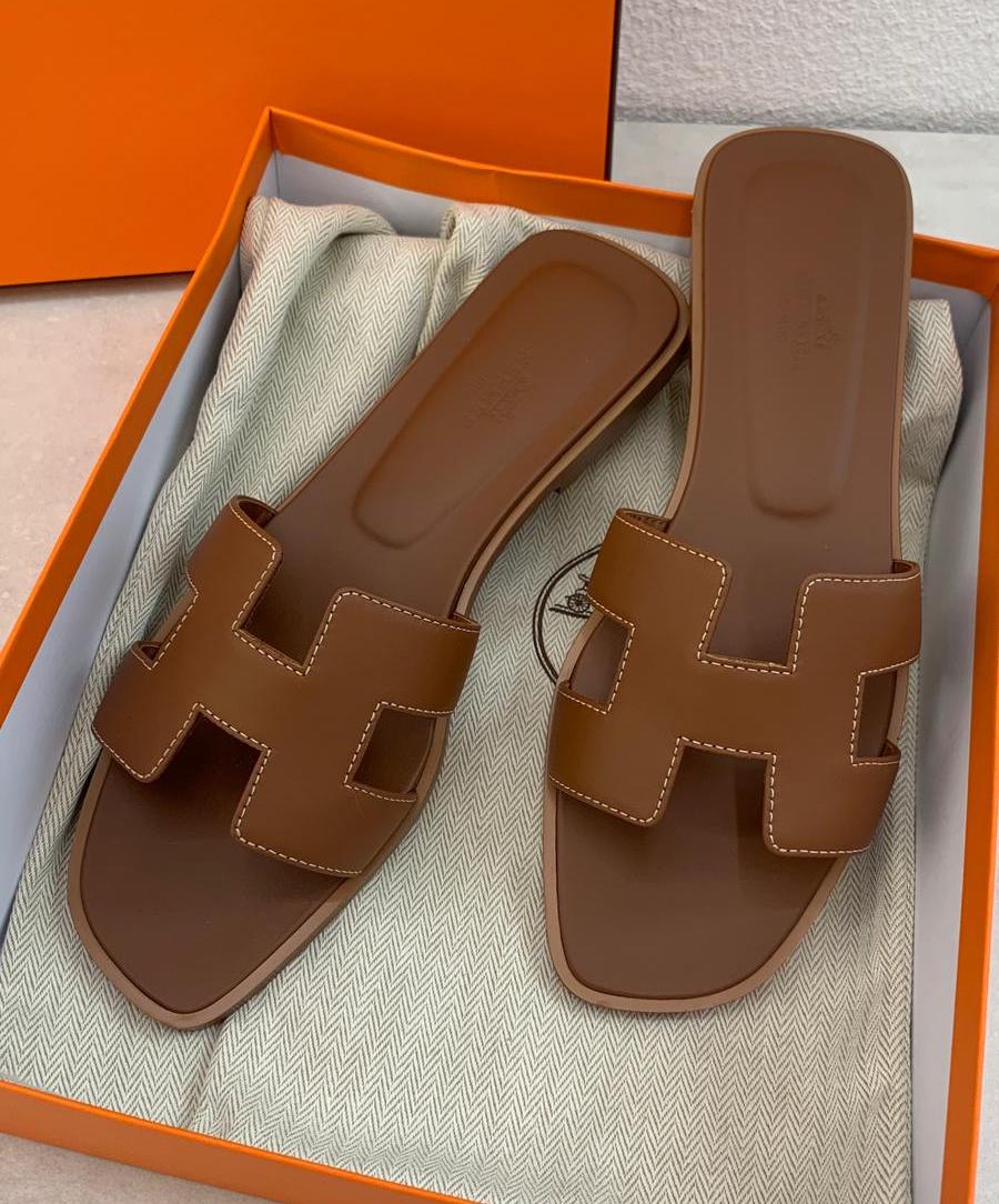 Hermès OranH 拖鞋金棕