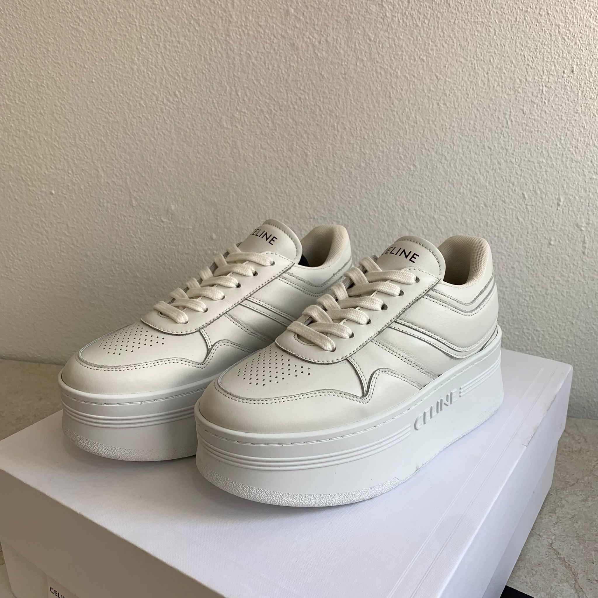 Celine Block Sneaker 米色牛皮革厚底運動鞋